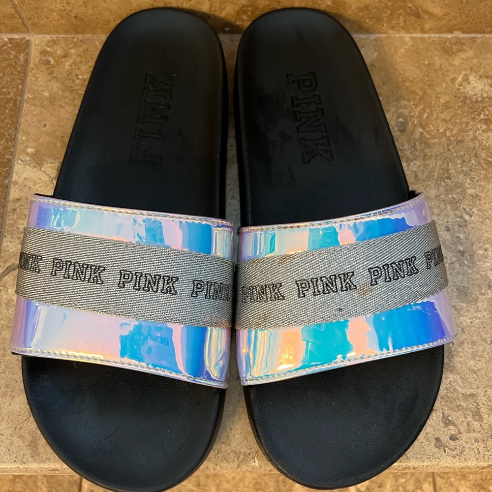 PINK Victoria’s Secret- Silver Iridescent Slides/Sandals size M/L or Size 8
